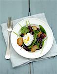 Spinach salad with a poached egg and croutons