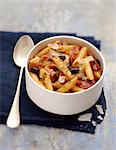 Penne with black olives,raw ham and sun-dried tomatoes