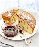 Raisin cake cooked in a casserole,summer fruit jam