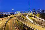 Sky Tower and Southern Motorway 1 viewed from Hopetoun Street, Auckland, North Island, New Zealand, Pacific