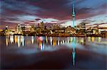 Sky Tower and city at dawn from Westhaven Marina, Auckland, North Island, New Zealand, Pacific