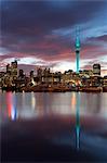 Sky Tower and city at dawn from Westhaven Marina, Auckland, North Island, New Zealand, Pacific