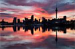 Sky Tower and city at dawn from Westhaven Marina, Auckland, North Island, New Zealand, Pacific