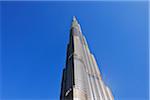 Looking up at Burj Khalifa with Blue Sky, Dubai, United Arab Emirates