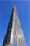 Looking up Sun Reflecting off Burj Khalifa with Blue Sky, Dubai, United Arab Emirates