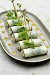 Black radish rolls stuffed with shrimps and fresh mint