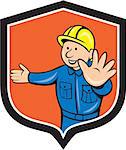 Illustration of a builder construction worker carpenter hands out traffic hand signal set inside shield crest done in cartoon style.