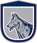 Illustration of a german shepherd dog head with tongue out side view set inside crest shield on isolated background done in woodcut style.