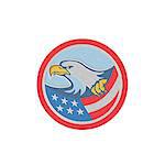 Metallic styled illustration of a bald eagle clutching an american stars and stripes flag set inside circle on isolated background done in retro style.
