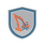 Metallic styled illustration of a construction mechanical digger excavator set inside shield crest on isolated background done in retro style.