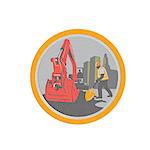 Metallic styled illustration of a construction mechanical digger excavator with construction worker digging with shovel buildings in background set inside circle done in retro style.