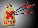 Slavery - Three Arrows Hit in Red Target Hanging on the Sack on Grey Background.