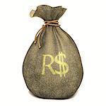 Bag full of money with sign of Real. Clipping path included.