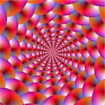 A digital abstract fractal image with a spiral of spheres design in pink, blue, orange and violet.