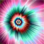 A digital abstract fractal image with a tie dye explosion design in turquoise, red and pink.