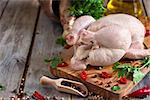 Raw chicken with spices and cilantro ready to be prepared. Copy space background.