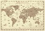 Retro-styled map of the World with mountains and fantasy monsters. Colored in sepia. Vector illustration.