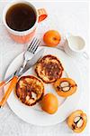 Cottage cheese pancakes and fresh loquat for breakfast