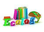 ecology 3d inscription bright volume letter and textbooks and computer mouse on white background