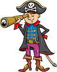 Cartoon Illustration of Funny Pirate or Corsair Captain Boy with Spyglass and Jolly Roger Sign