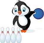 Illustration of cute penguin plays bowling