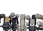Several kind of conference meeting microphones on white background