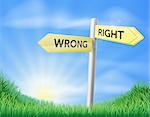 Right or wrong decision concept sign of a direction sign in a field pointing out the right way and the wrong way