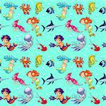 Funny sea animals with mermaids and background. The sides repeat seamlessly for a possible packaging or graphic