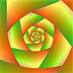 A digital abstract fractal image with a spiral design in yellow, orange and green.