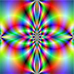 A digital abstract fractal image with a neon cross design in red, yellow, blue and green.