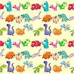 Group of funny dinosaurs with background. The sides repeat seamlessly for a possible packaging or graphic