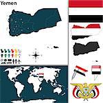 Vector map of Yemen with regions, coat of arms and location on world map