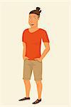 Hipster guy wearing beige shorts and orange t-shirt isolated. Contains EPS10 and high-resolution JPEG