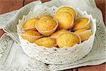 homemade vanilla muffins in a basket of lace napkins