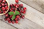 Ripe cherries on wooden table. View from above with copy space