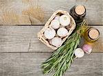 Herbs, spices and seasoning on wooden table background with copy space