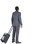 Businessman standing with his suitcase on white background