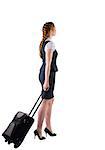 Redhead businesswoman pulling her suitcase on white background