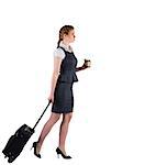 Redhead businesswoman pulling her suitcase holding coffee on white background