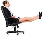 Businesswoman sitting on swivel chair with feet up on white background