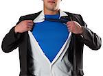 Businessman opening his shirt superhero style on white background