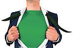 Businessman opening shirt in superhero style on white background