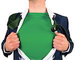 Businessman opening shirt in superhero style on white background