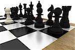 Black chess pieces on board with white pawn on white background
