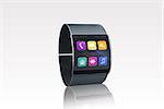 Futuristic black wristwatch with app menu on white background