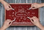 Composite image of multiple hands drawing success doodle with chalk on wooden board