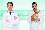 Composite image of happy doctor and vet against green medical background with ecg line