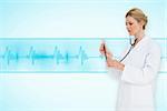 Blonde doctor listening with stethoscope against medical background with blue ecg line