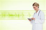 Blonde doctor using tablet pc against medical background with green ecg line