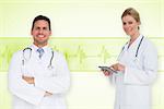 Composite image of happy medical team against medical background with green ecg line